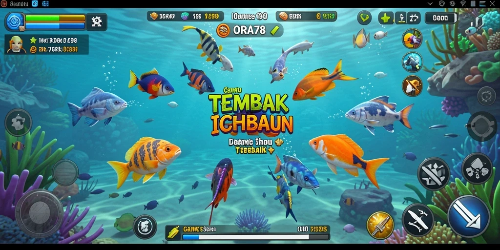 Screenshot utama ORA78 menampilkan momen seru menembak ikan.