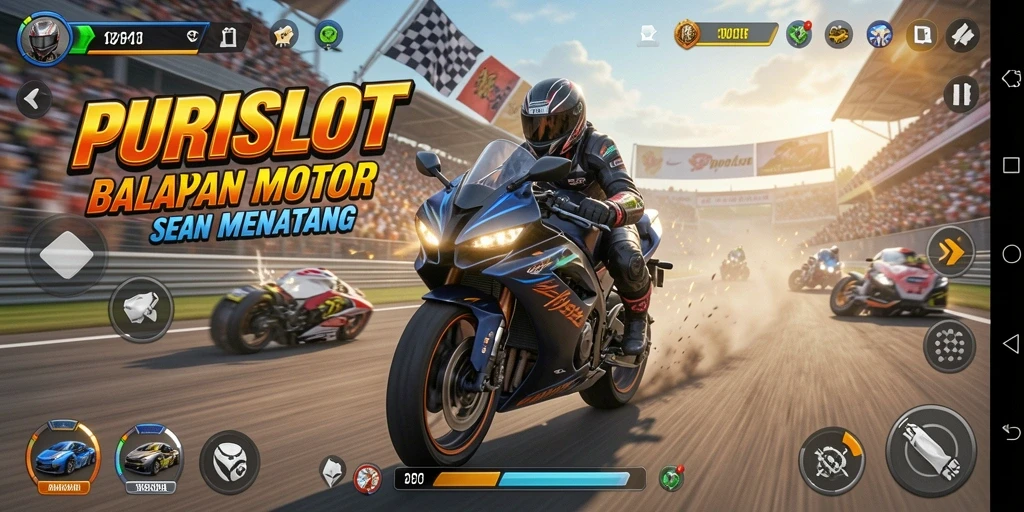 Screenshot menunjukkan aksi balapan mendebarkan di PURISLOT.