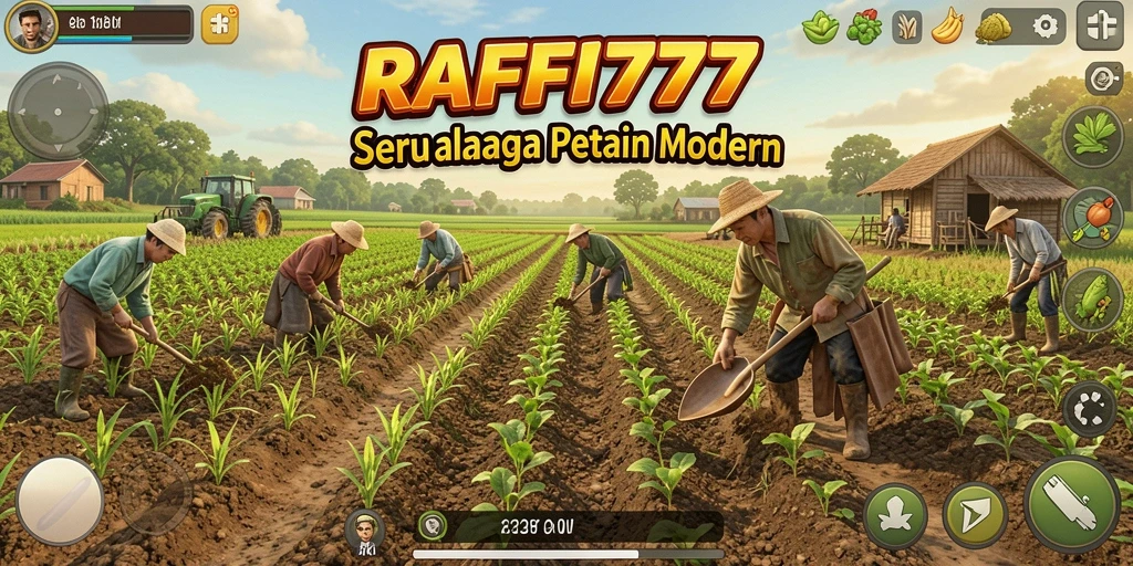 Tampilan gameplay seru dalam RAFFI777 dengan pertanian yang hijau.